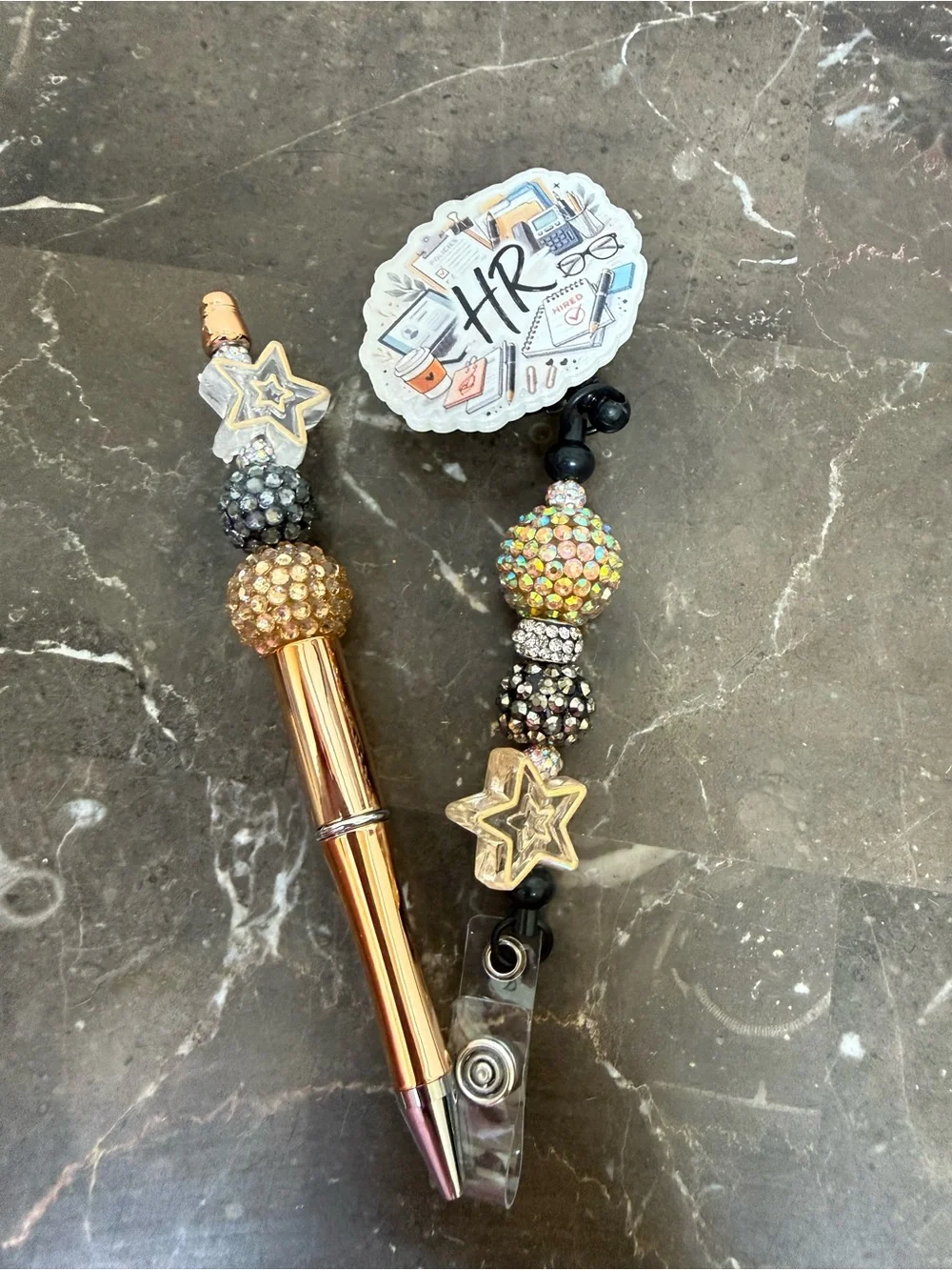 Gold Metallic Bling HR Human Resources Beaded Pen Matching Badge Reel Handmade
